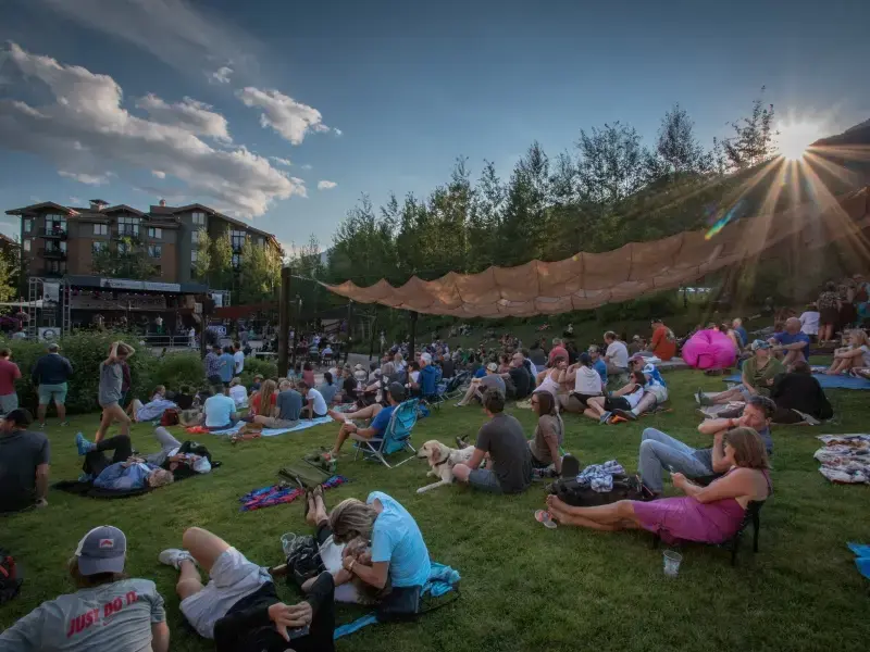 A large group of people sitting on a hill enjoying an outdoor concert