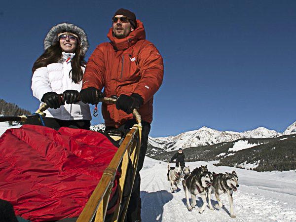 Couple riding a dog sled.