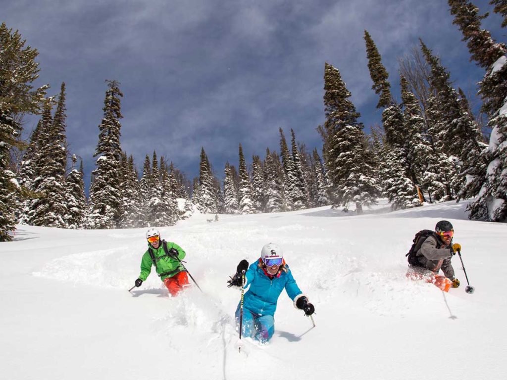 3 skiers going downhill