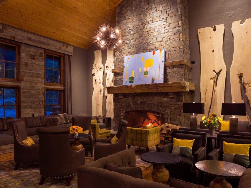 Lobby fireplace at Teton Mountain Lodge Resort
