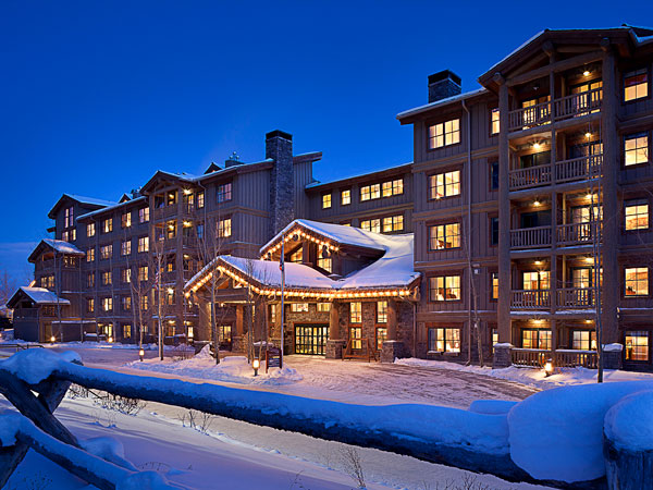 Teton Mountain Lodge exterior in the snow.