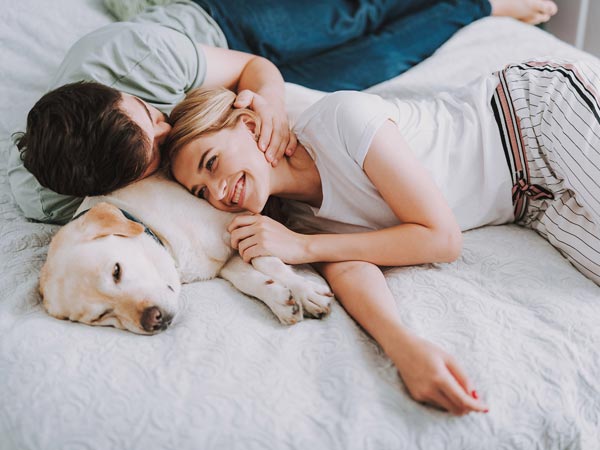 couple hugging in bed with dog